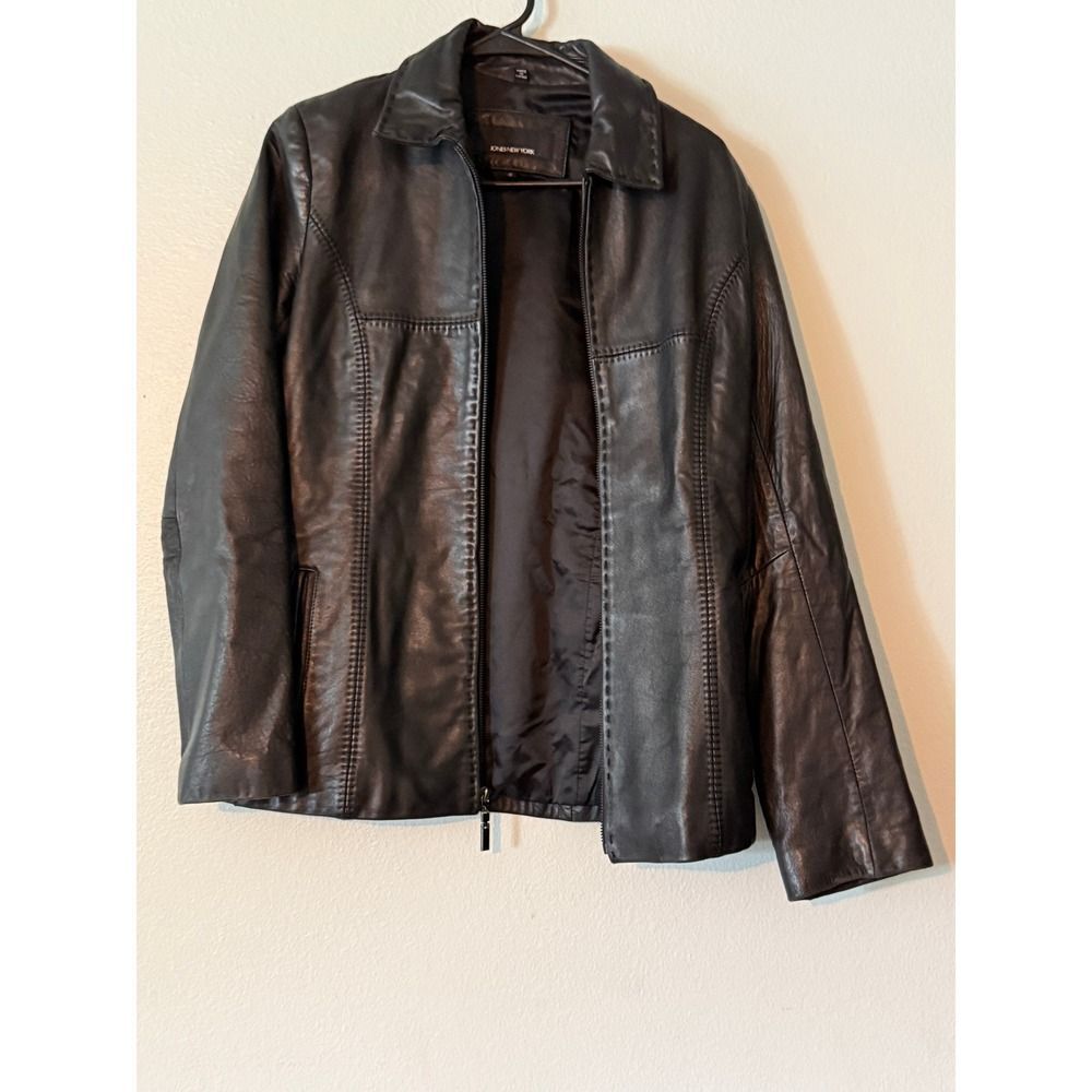 Jones New York Black Leather Jacket, Fitted Zip Up, Women's Small, MINT